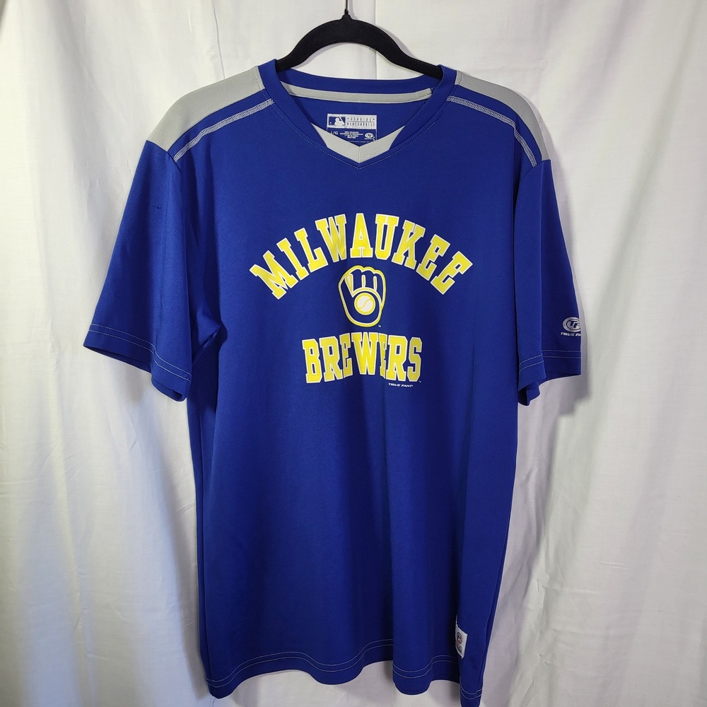 Milwaukee Brewers MLB True Fan V Neck‎ Jersey Shirt Mens Large Blue Gray